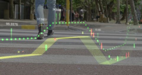 Financial Data Overlay on City Street with Pedestrians