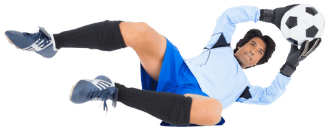 Goalkeeper making athletic dive with ball held firmly on transparent background