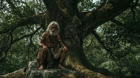 Wise caveman elder in forest enclave contemplating nature's silence