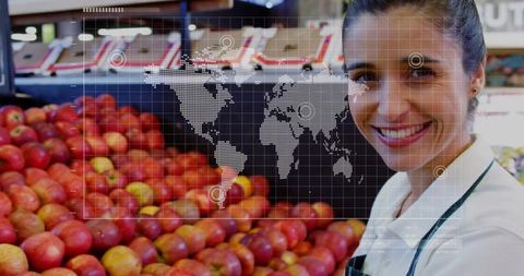 Smiling Clerk Arranging Apples with Digital World Map Overlay