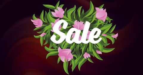 Sale sign with pink flowers and green leaves on dark background