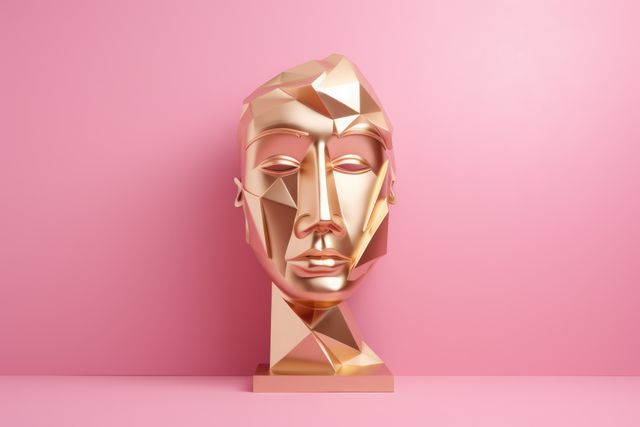 Close up of gold metallic face sculpture on pink background, created using generative ai technology. Art and modern abstract face sculpture design concept digitally generated image.