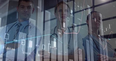 Healthcare Team with Data Visualization Overlay Intertwining Medical Statistics