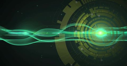 Streaming braided neon waveforms converging on bright green orb with futuristic hud