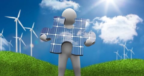Puzzle Figure Holding Solar Panels Amid Wind Turbines - Download Free Stock Images Pikwizard.com