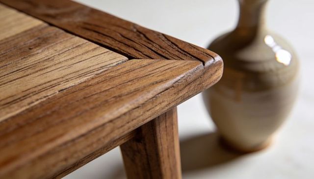 Close-up of wooden table corner with beveled edge visible grain rustic modern design