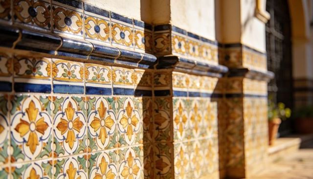 Sunlit mediterranean glazed ceramic tiles casting sharp shadows on columned walkway
