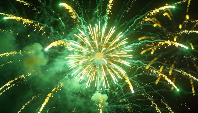 Emerald gold firework burst radiating sparks across night sky