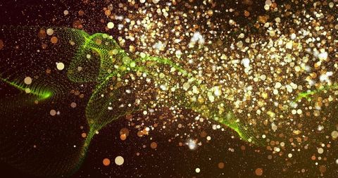 Golden particle cloud streaming with neon green dotted wave and glowing bokeh orbs