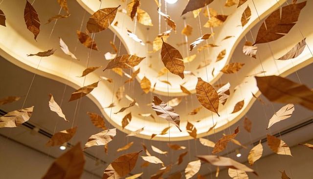 Golden paper leaf installation floating beneath sculpted backlit ceiling in modern lobby