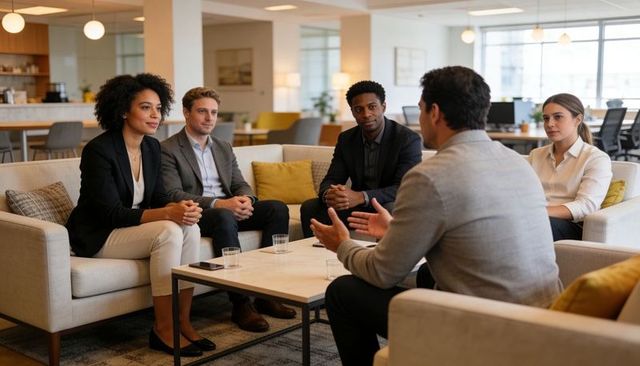 Diverse team listening intently during informal office meeting on modern lounge sofas