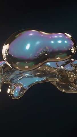 Iridescent Liquid Metal Blob Stretching into Filaments and Shedding Drops Vertical Loop