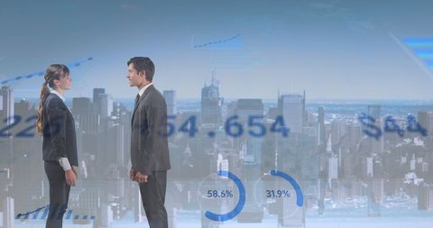 Businesspeople Analyzing Digital Financial Data with Skyline View - Download Free Stock Images Pikwizard.com