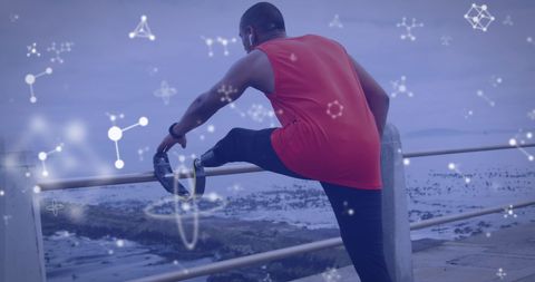 Adaptive athlete stretching outdoors with tech overlay