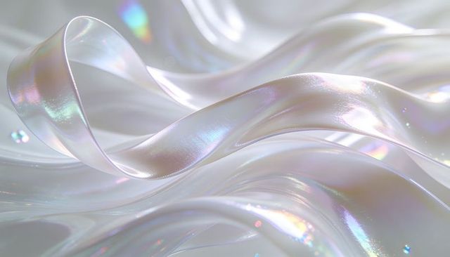 Iridescent pearlescent ribbon flowing over soft waves with holographic sparkles