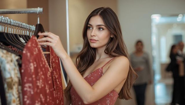 Young woman browsing trying on red floral dress at boutique rack, fashion shopping style
