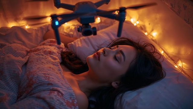Woman Resting Peacefully with Hovering Drone at Night