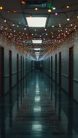 Vertical panning hallway decorated with colorful string lights and twinkling reflections