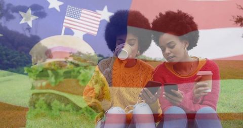 Women Relaxing in Park with Americana Theme Overlay