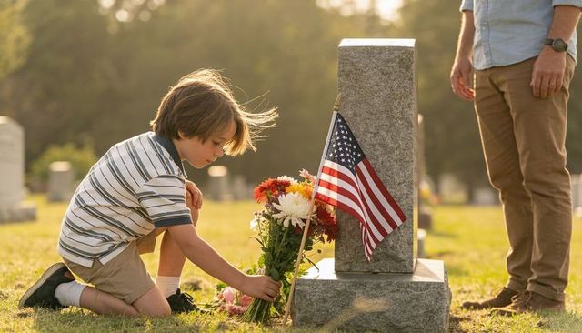 Young boy placing flowers at veteran grave with american flag during golden hour
