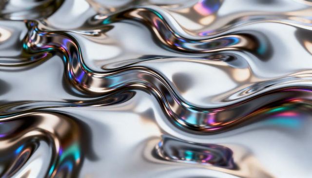 Iridescent chrome waves macro close-up reflective metallic liquid sculpture