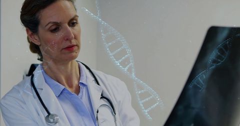 Doctor Analyzing X-ray with Digital DNA Overlay