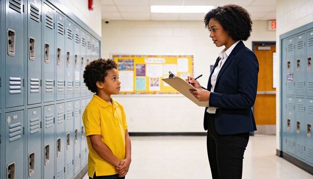 Teacher conducting one-on-one check-in with elementary student holding clipboard in school hallway