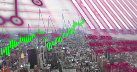 Digital Financial Data Over Urban Skyline Visualization
