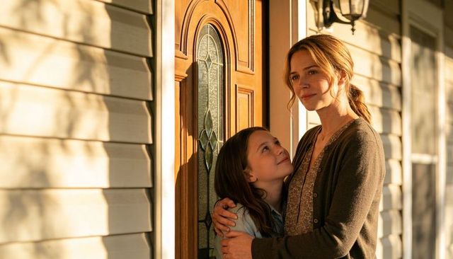 Mother embracing daughter on sunlit porch by stained-glass door, tender family moment
