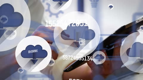 Businesswoman Using Tablet with Cloud Data Overlay