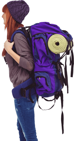 Transparent hipster woman hiking with purple backpack