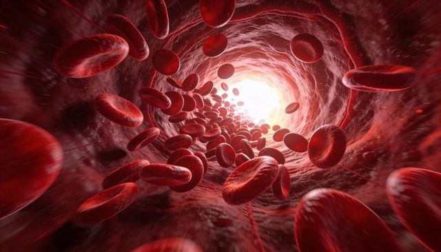 Racing red blood cells streaming through microvessel toward bright lumen 3d medical render