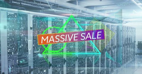 Massive Sale Banner with Abstract Neon Designs in Server Room - Download Free Stock Images Pikwizard.com