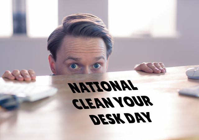 Man peeking over desk signifies workplace humor on National Clean Your Desk Day. This can be used for promotions on organization tips, office cleanliness campaigns, or workplace motivation articles.