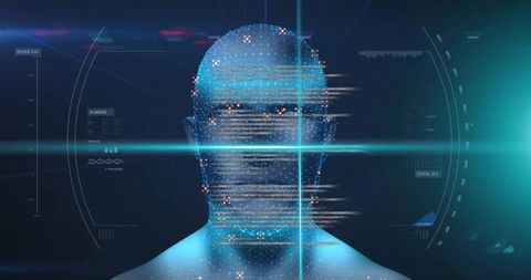 Biometric Head Scanning with Neon HUD Crosshair and Digital Data Stream