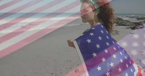 Woman Wearing Starred Wrap on Beach under American Flag Filter