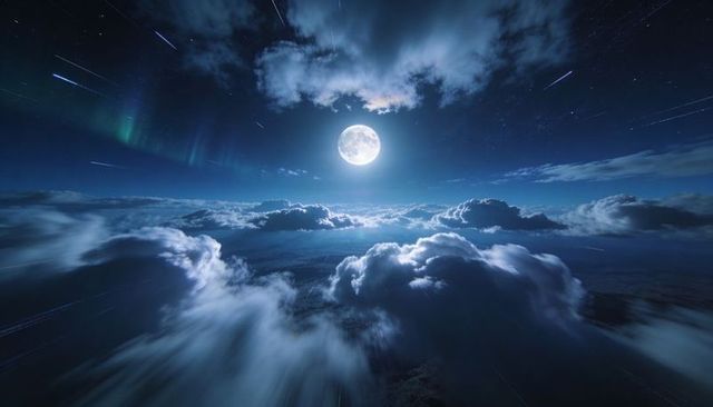 Full Moon Over High-Altitude Cloudscape with Aurora Curtains and Star Trails