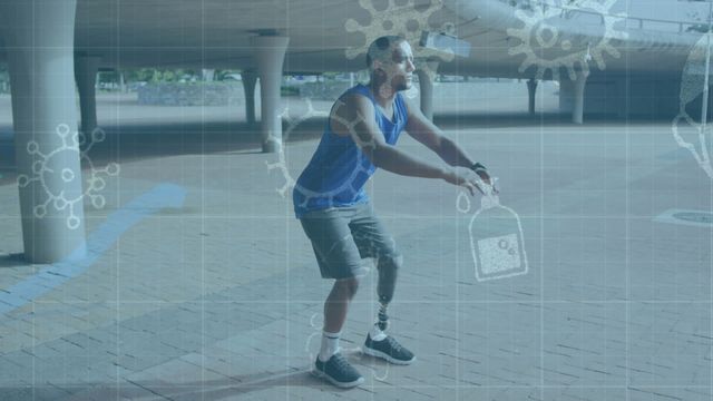 This image shows a determined disabled athlete in motion under a tech overlay featuring COVID-19 symbols, representing resilience and innovation during a pandemic. Ideal for articles on adaptive sports, technology in fitness, and pandemic-related challenges and solutions. It conveys themes of perseverance and global health awareness.