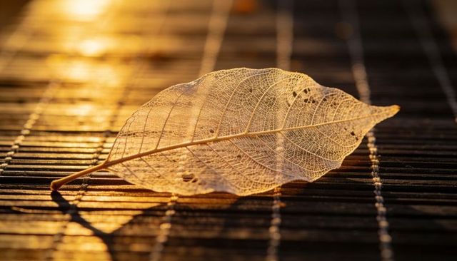 Golden skeleton leaf backlit on bamboo slats showing delicate vein network