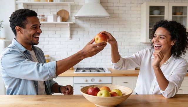 Laughing couple sharing apple at sunlit kitchen counter in cozy modern home