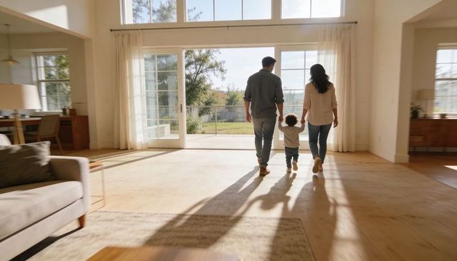 Young family walking toward sunlit backyard through sliding glass doors in spacious living room