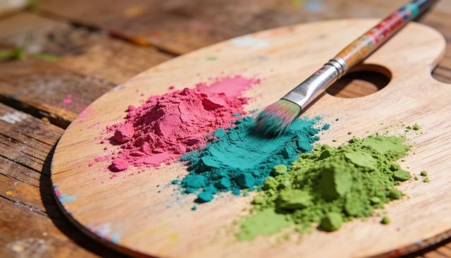 Vibrant powder pigments on wooden palette with paintbrush smearing cyan pink green
