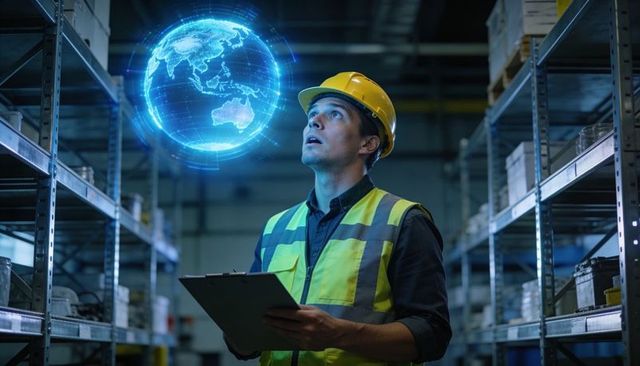 Warehouse inspector using holographic globe for smart inventory and logistics tracking
