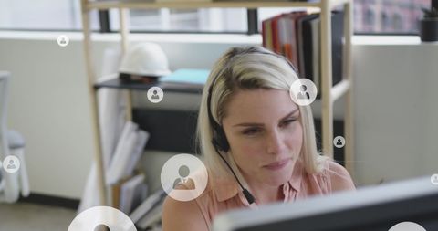 Businesswoman Using Headset with Digital Network Icons - Download Free Stock Images Pikwizard.com