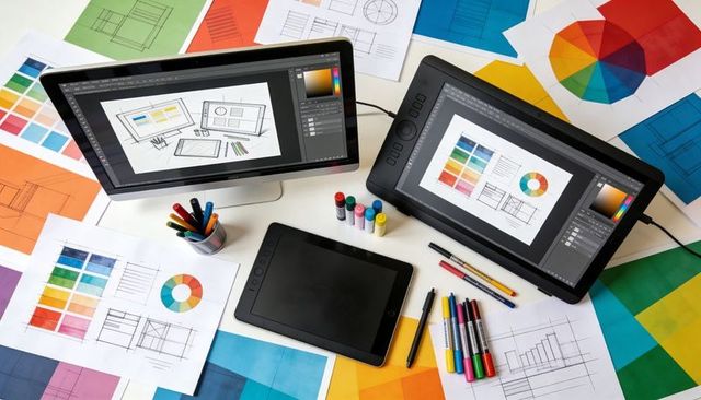 Creative workspace showing dual pen-display and tablet with color swatches, sketch layouts