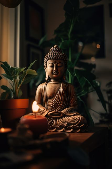 Buddha Statue lit by candle in cozy indoor setting, with potted plant enhancing tranquil atmosphere. Suitable for themes like meditation, spirituality, calm living spaces, zen decor, and mindfulness practices.