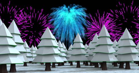 New Year Fireworks Over Geometric Winter Forest Abstract Design
