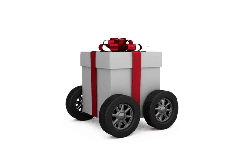 Transparent Gift Box on Wheels with Red Ribbon Bow