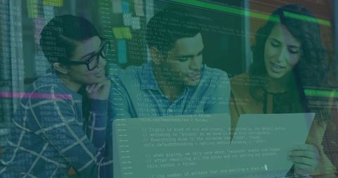 Team of developers collaborating on code debugging in workspace
