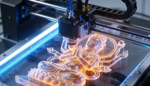 Resin 3D printing translucent multi-armed deity sculpture with glowing internal light